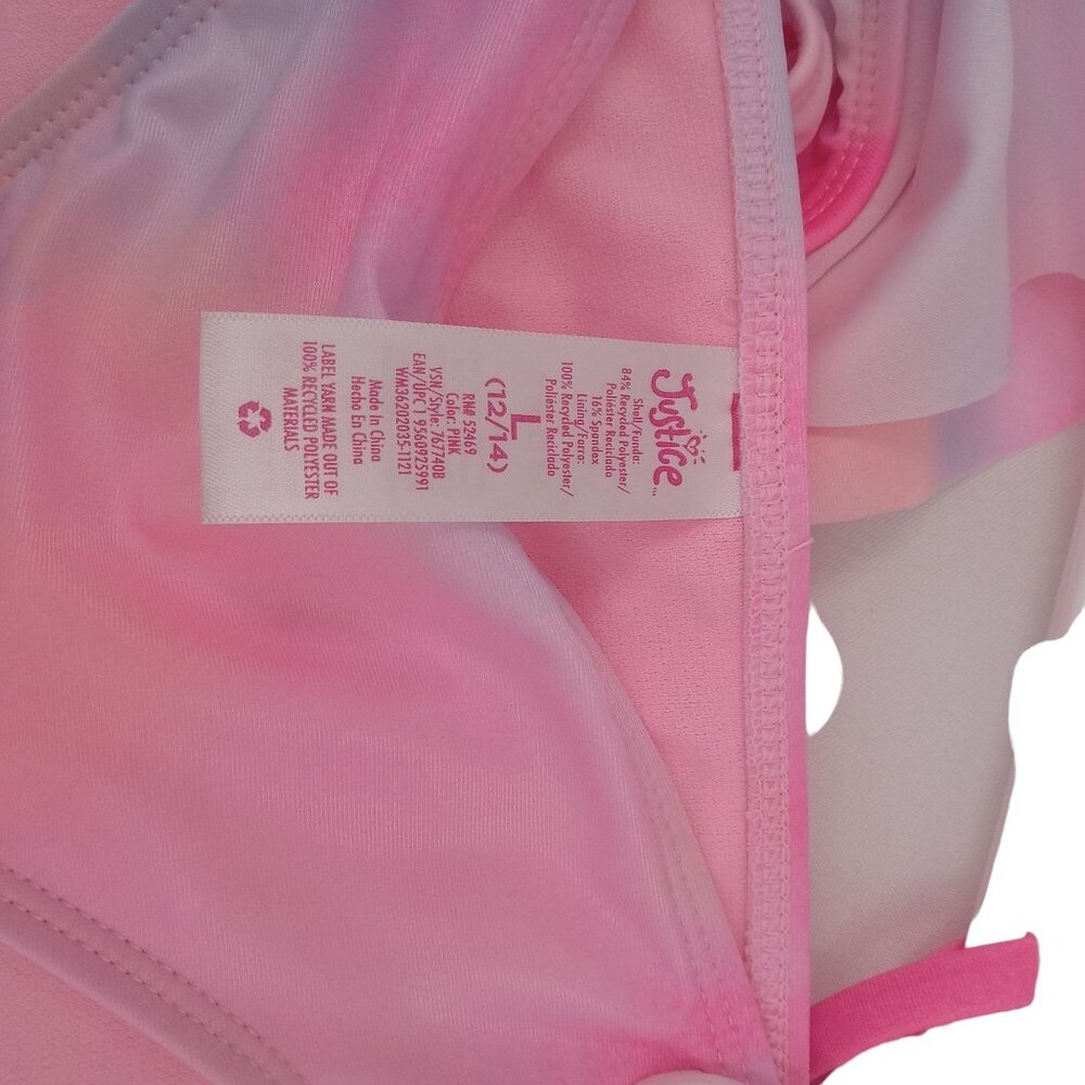 New Justice Girls Pink 2 Piece Bikini Size XL 16 18 Asymmetrical Ruffle Tie Dye - Picture 11 of 12